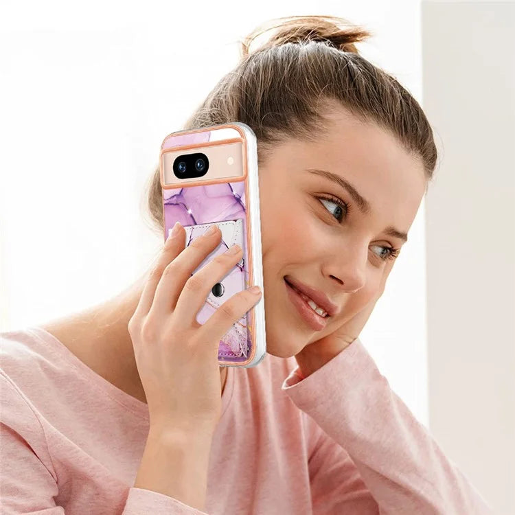YB Leather Coating Series-9 for Google Pixel 8a Case IMD Pattern Card Holder Kickstand Phone Cover