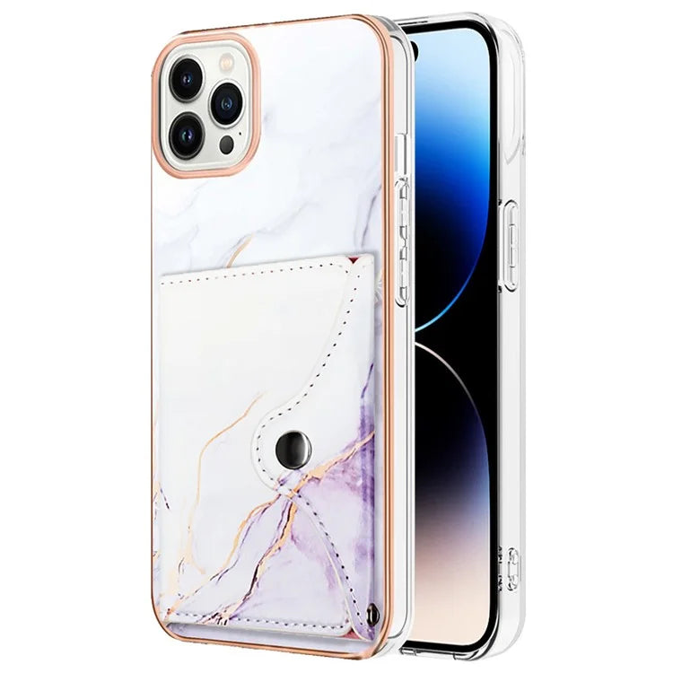 YB Leather Coating Series-9 for iPhone 14 Pro Max Case IMD Pattern Card Holder Leather+TPU Cover