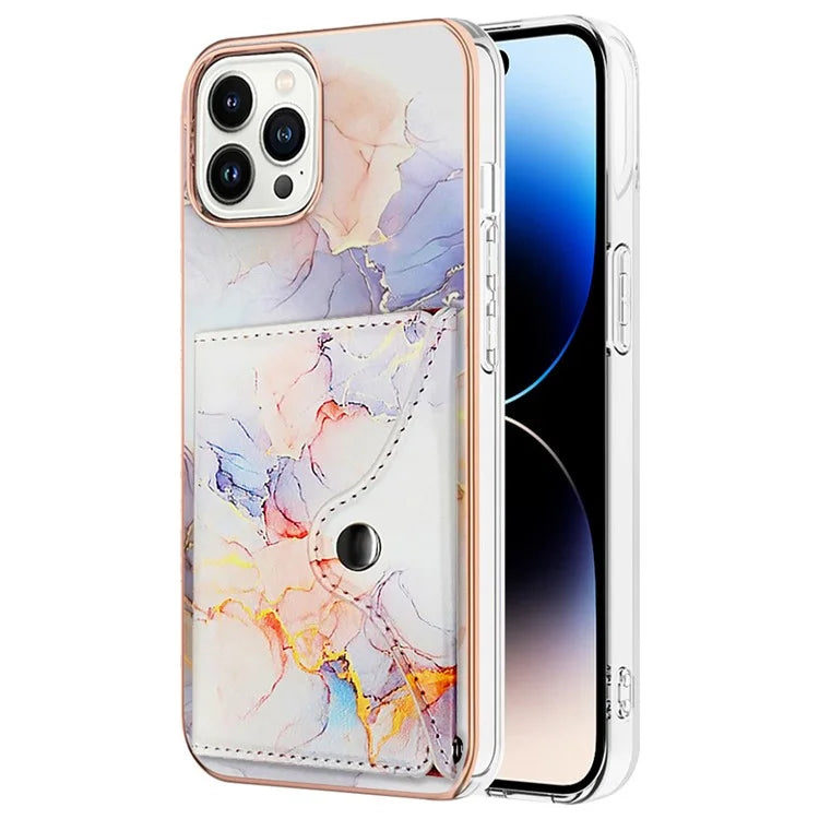 YB Leather Coating Series-9 for iPhone 14 Pro Max Case IMD Pattern Card Holder Leather+TPU Cover