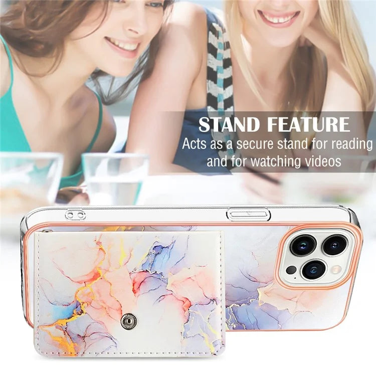 YB Leather Coating Series-9 for iPhone 14 Pro Max Case IMD Pattern Card Holder Leather+TPU Cover
