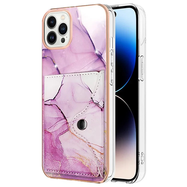 YB Leather Coating Series-9 for iPhone 14 Pro Max Case IMD Pattern Card Holder Leather+TPU Cover