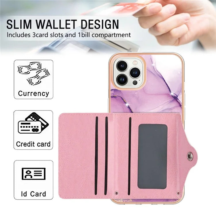 YB Leather Coating Series-9 for iPhone 14 Pro Max Case IMD Pattern Card Holder Leather+TPU Cover