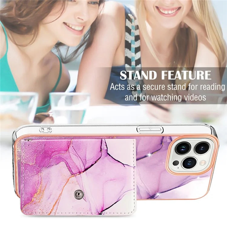 YB Leather Coating Series-9 for iPhone 14 Pro Max Case IMD Pattern Card Holder Leather+TPU Cover