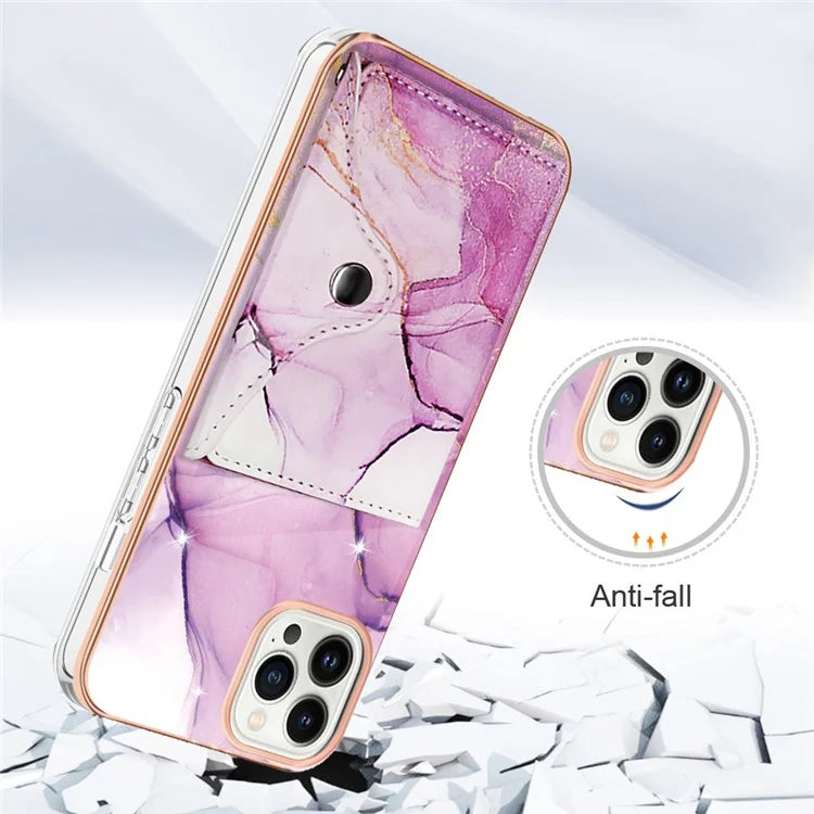 YB Leather Coating Series-9 for iPhone 14 Pro Max Case IMD Pattern Card Holder Leather+TPU Cover