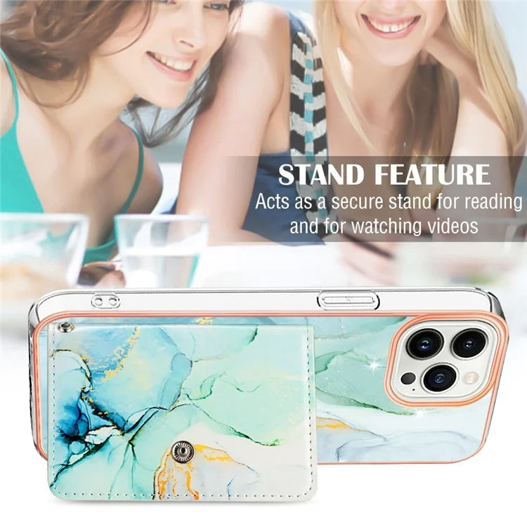 YB Leather Coating Series-9 for iPhone 14 Pro Max Case IMD Pattern Card Holder Leather+TPU Cover