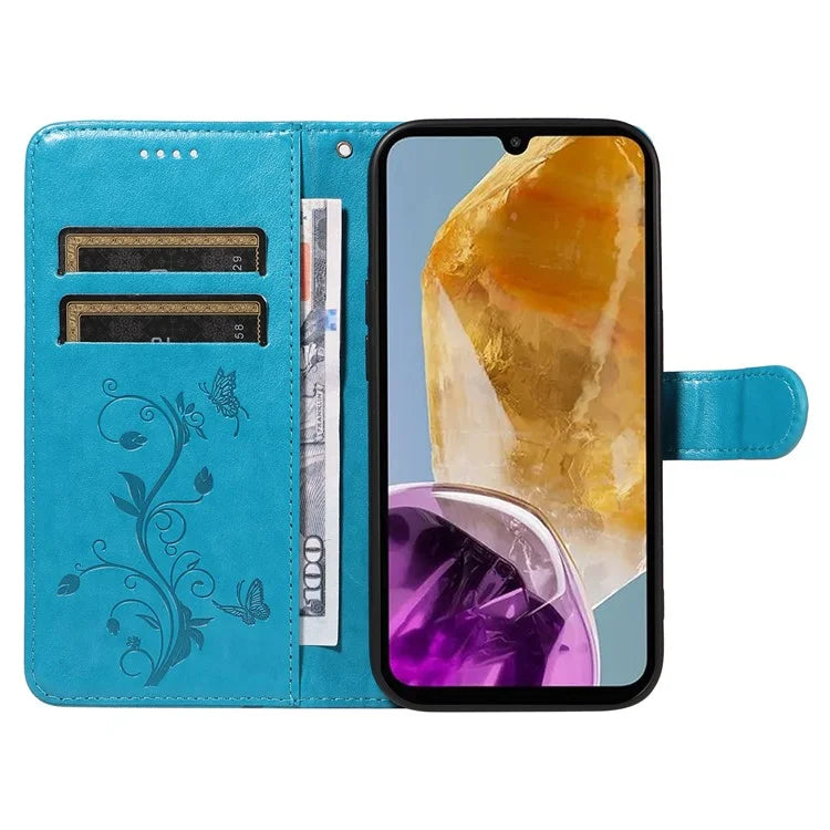 For Samsung Galaxy M15 5G Case Card Holder Butterfly Flower Pattern Leather Phone Cover