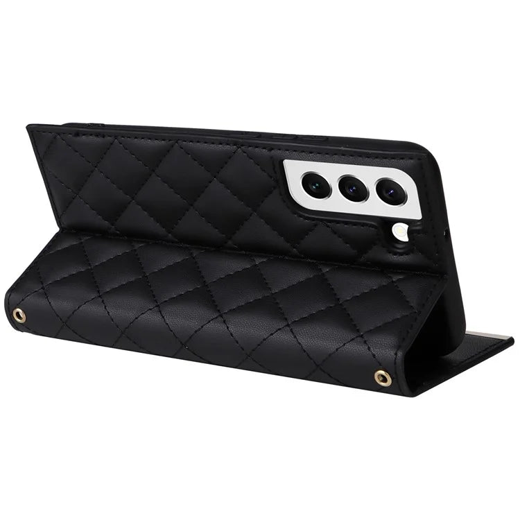For Samsung Galaxy S22 5G Case Rhombus Grid PU Leather Wallet Suction Cup Phone Cover