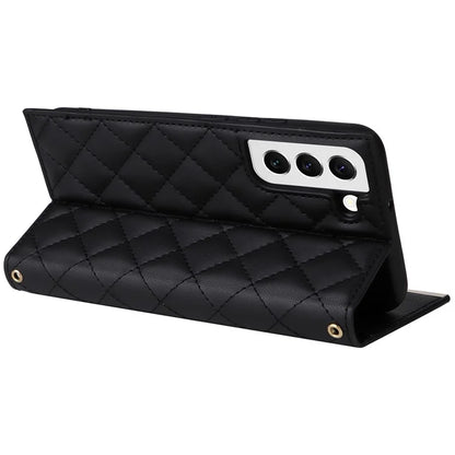 For Samsung Galaxy S22 5G Case Rhombus Grid PU Leather Wallet Suction Cup Phone Cover