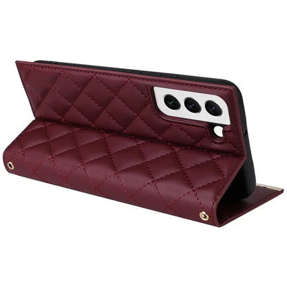 For Samsung Galaxy S22 5G Case Rhombus Grid PU Leather Wallet Suction Cup Phone Cover