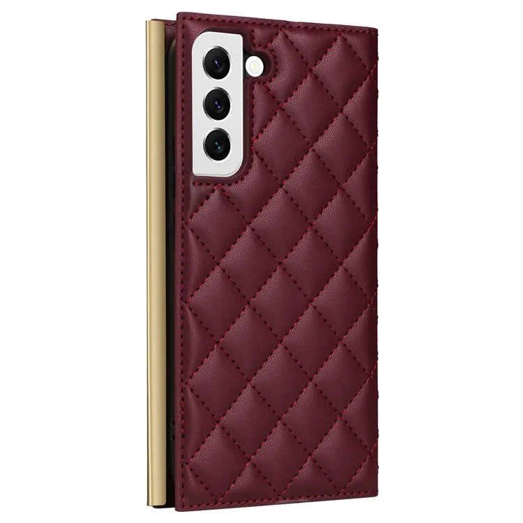 For Samsung Galaxy S22 5G Case Rhombus Grid PU Leather Wallet Suction Cup Phone Cover