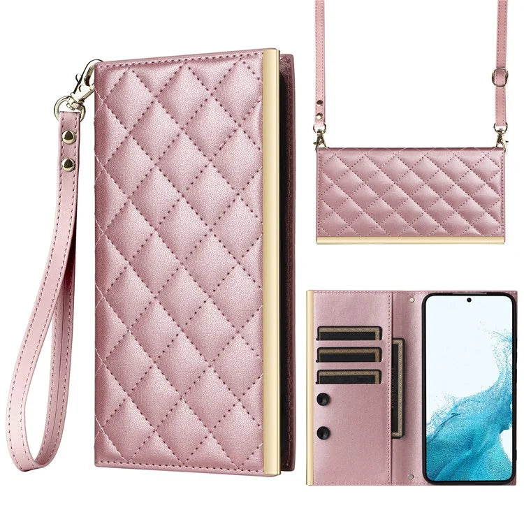 For Samsung Galaxy S22 5G Case Rhombus Grid PU Leather Wallet Suction Cup Phone Cover