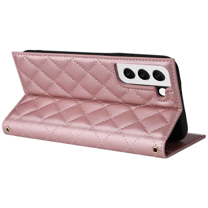 For Samsung Galaxy S22 5G Case Rhombus Grid PU Leather Wallet Suction Cup Phone Cover