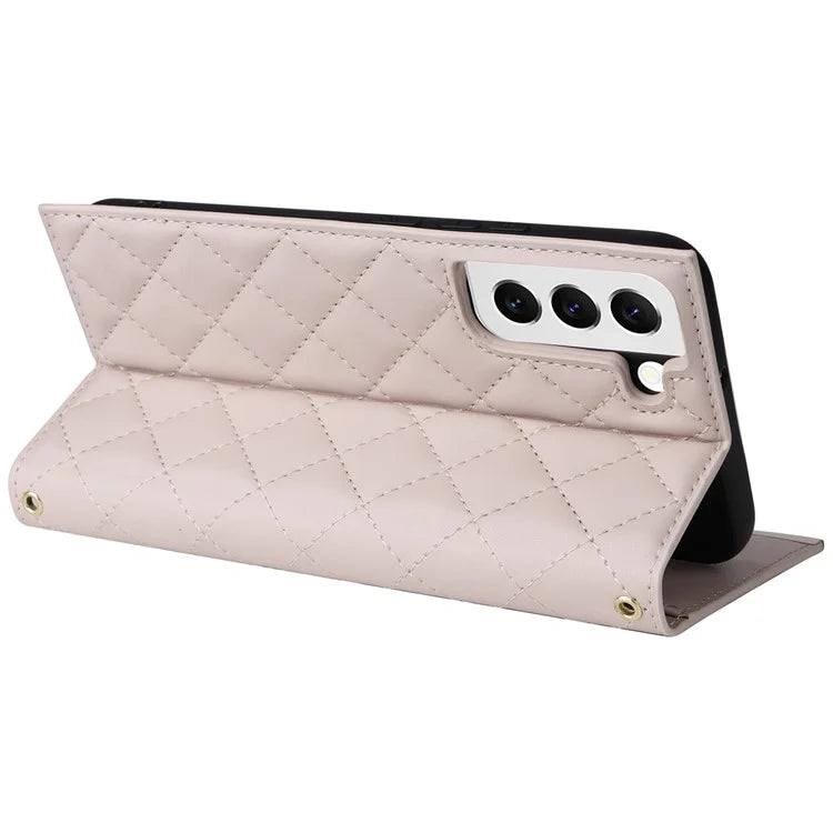 For Samsung Galaxy S22 5G Case Rhombus Grid PU Leather Wallet Suction Cup Phone Cover