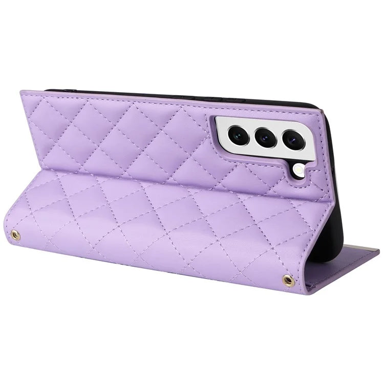 For Samsung Galaxy S22 5G Case Rhombus Grid PU Leather Wallet Suction Cup Phone Cover