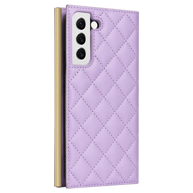 For Samsung Galaxy S22 5G Case Rhombus Grid PU Leather Wallet Suction Cup Phone Cover