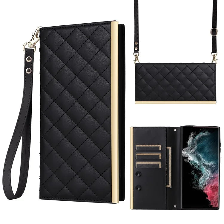 For Samsung Galaxy S22 Ultra 5G Wallet Case PU Leather Flip Phone Cover with Shoulder Strap