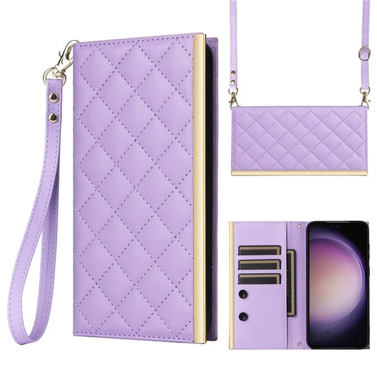 For Samsung Galaxy S23 Leather Case Suction Cup Wallet Flip Phone Cover with Shoulder Strap