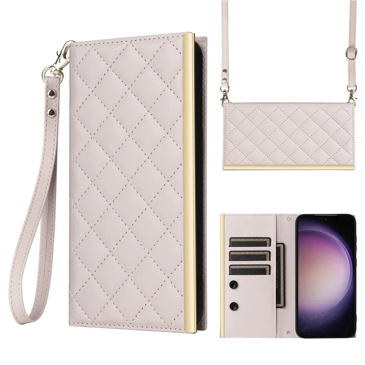 For Samsung Galaxy S23 Leather Case Suction Cup Wallet Flip Phone Cover with Shoulder Strap