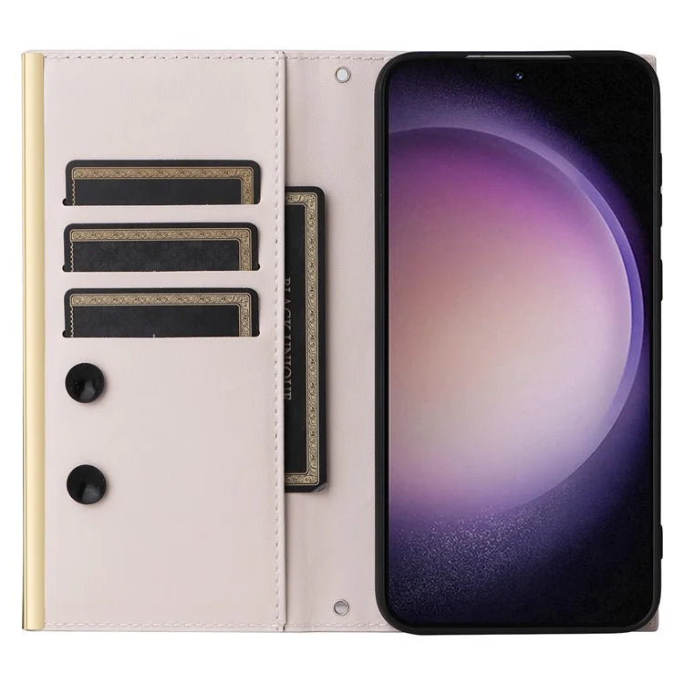 For Samsung Galaxy S23 Leather Case Suction Cup Wallet Flip Phone Cover with Shoulder Strap