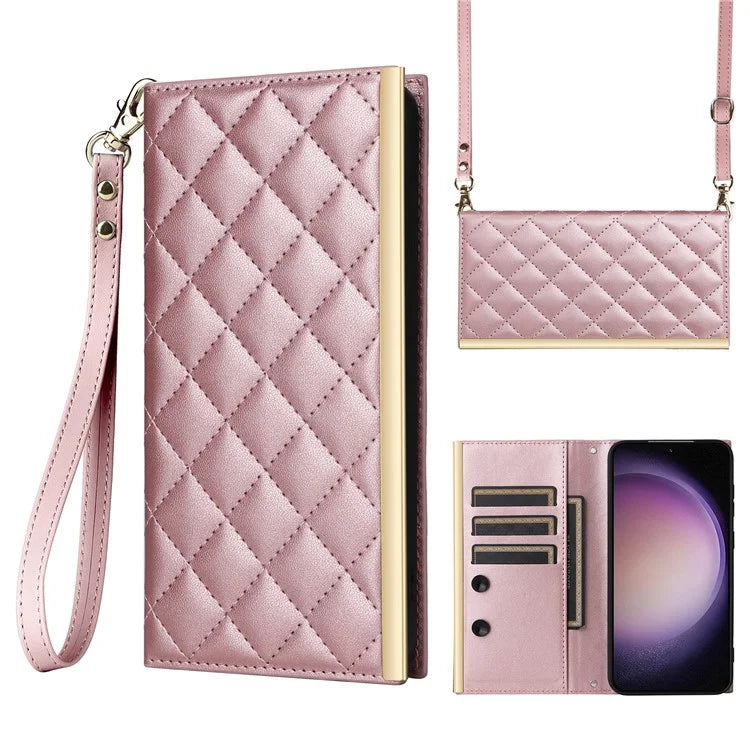 For Samsung Galaxy S23 Leather Case Suction Cup Wallet Flip Phone Cover with Shoulder Strap