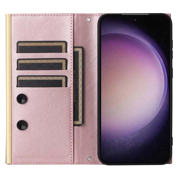 For Samsung Galaxy S23 Leather Case Suction Cup Wallet Flip Phone Cover with Shoulder Strap