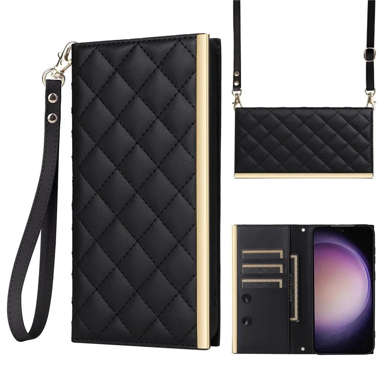 For Samsung Galaxy S23 Leather Case Suction Cup Wallet Flip Phone Cover with Shoulder Strap
