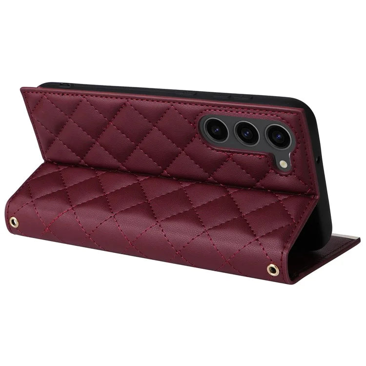 For Samsung Galaxy S23 Leather Case Suction Cup Wallet Flip Phone Cover with Shoulder Strap