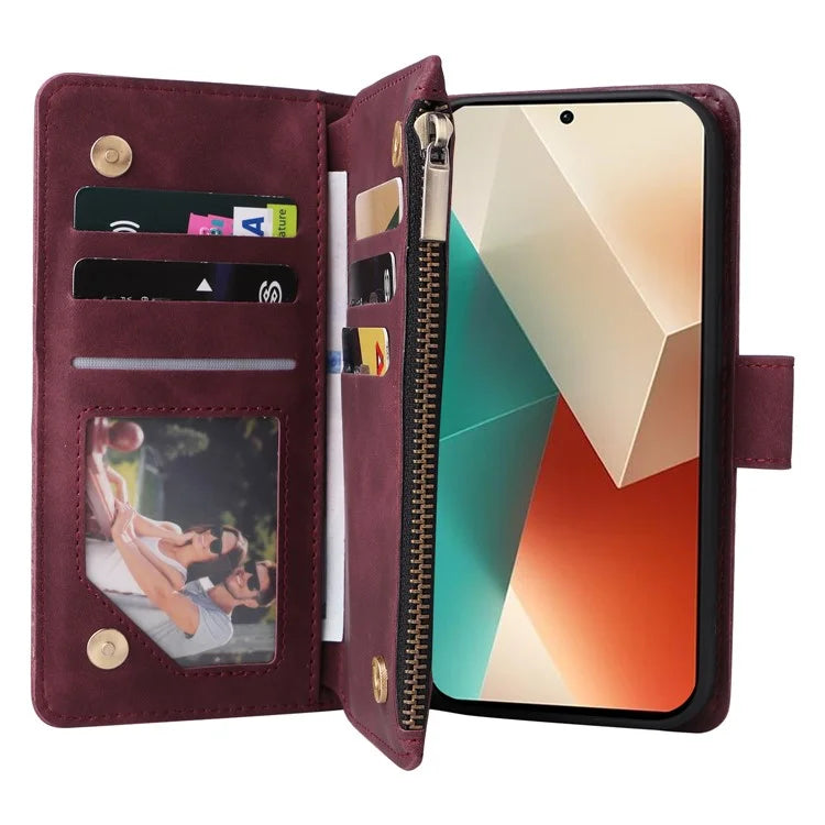 For Xiaomi Redmi Note 13 5G Case Leather Phone Protective Cover Zipper Wallet Card Holder
