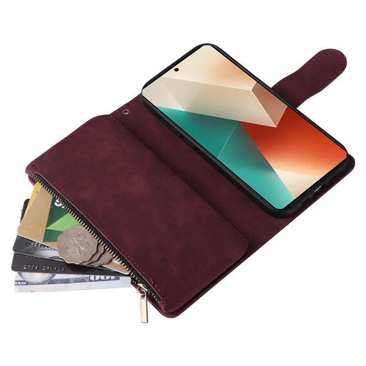 For Xiaomi Redmi Note 13 5G Case Leather Phone Protective Cover Zipper Wallet Card Holder