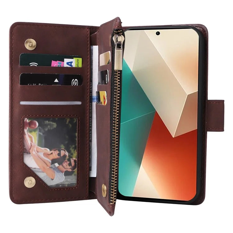 For Xiaomi Redmi Note 13 5G Case Leather Phone Protective Cover Zipper Wallet Card Holder