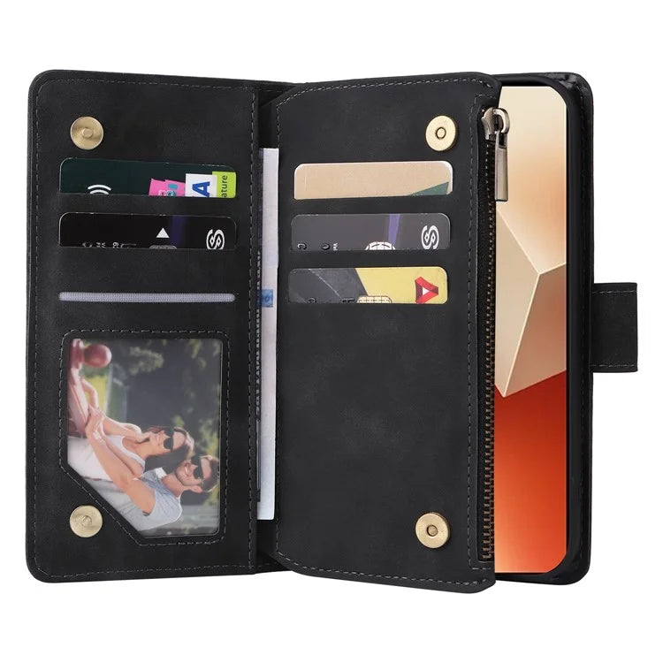 For Xiaomi Redmi Note 13 5G Case Leather Phone Protective Cover Zipper Wallet Card Holder