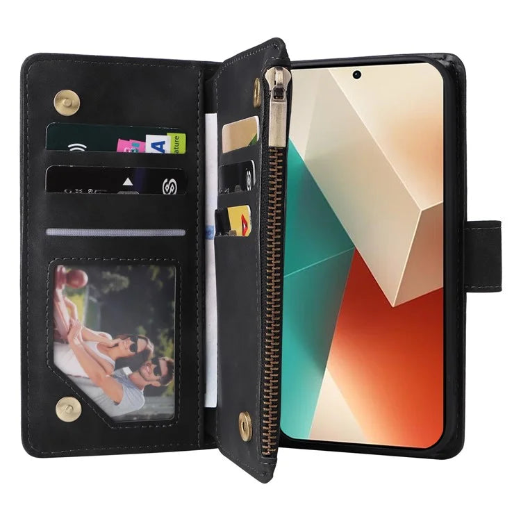 For Xiaomi Redmi Note 13 5G Case Leather Phone Protective Cover Zipper Wallet Card Holder