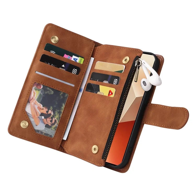For Xiaomi Redmi Note 13 5G Case Leather Phone Protective Cover Zipper Wallet Card Holder