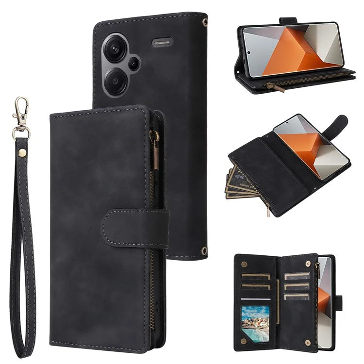 For Xiaomi Redmi Note 13 Pro+ 5G Zipper Pocket Phone Case PU Leather Protection Stand Cover