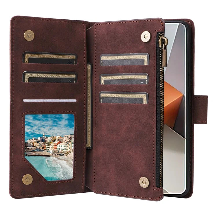 For Xiaomi Redmi Note 13 Pro+ 5G Zipper Pocket Phone Case PU Leather Protection Stand Cover