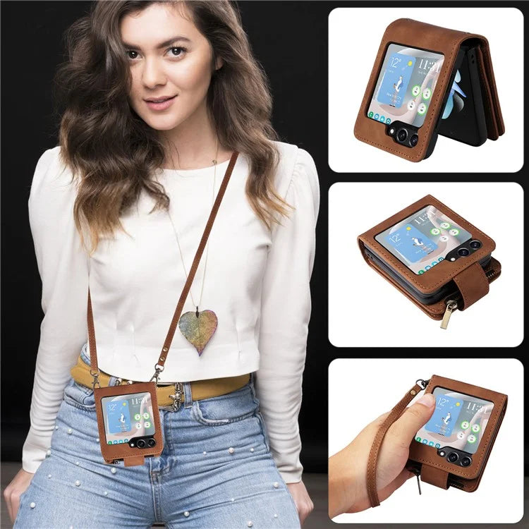 For Samsung Galaxy Z Flip5 5G Cell Phone Case Zipper Wallet Leather Cover with Long and Short Straps
