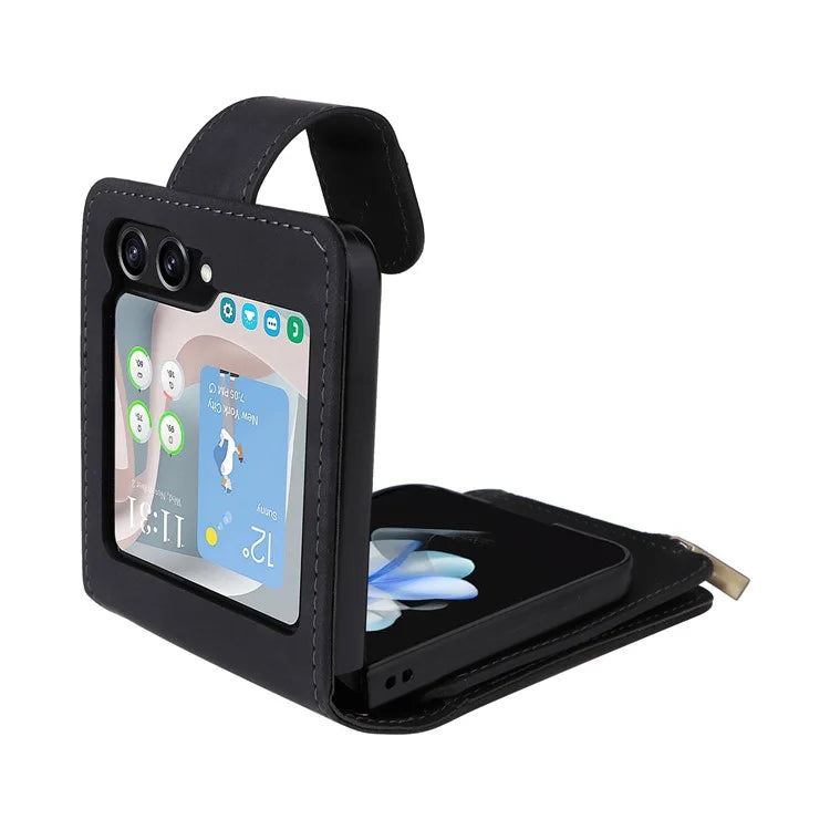 For Samsung Galaxy Z Flip5 5G Cell Phone Case Zipper Wallet Leather Cover with Long and Short Straps