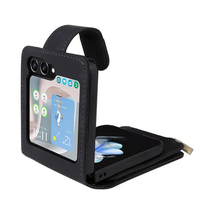 For Samsung Galaxy Z Flip5 5G Cell Phone Case Zipper Wallet Leather Cover with Long and Short Straps