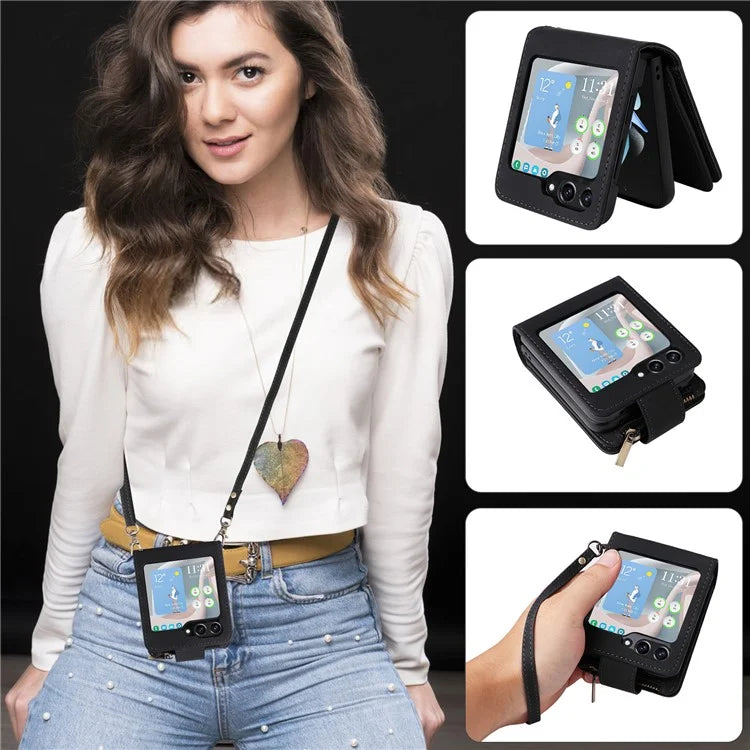 For Samsung Galaxy Z Flip5 5G Cell Phone Case Zipper Wallet Leather Cover with Long and Short Straps