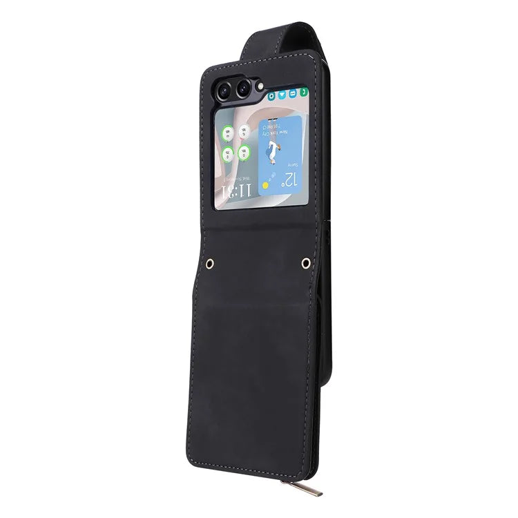 For Samsung Galaxy Z Flip5 5G Cell Phone Case Zipper Wallet Leather Cover with Long and Short Straps