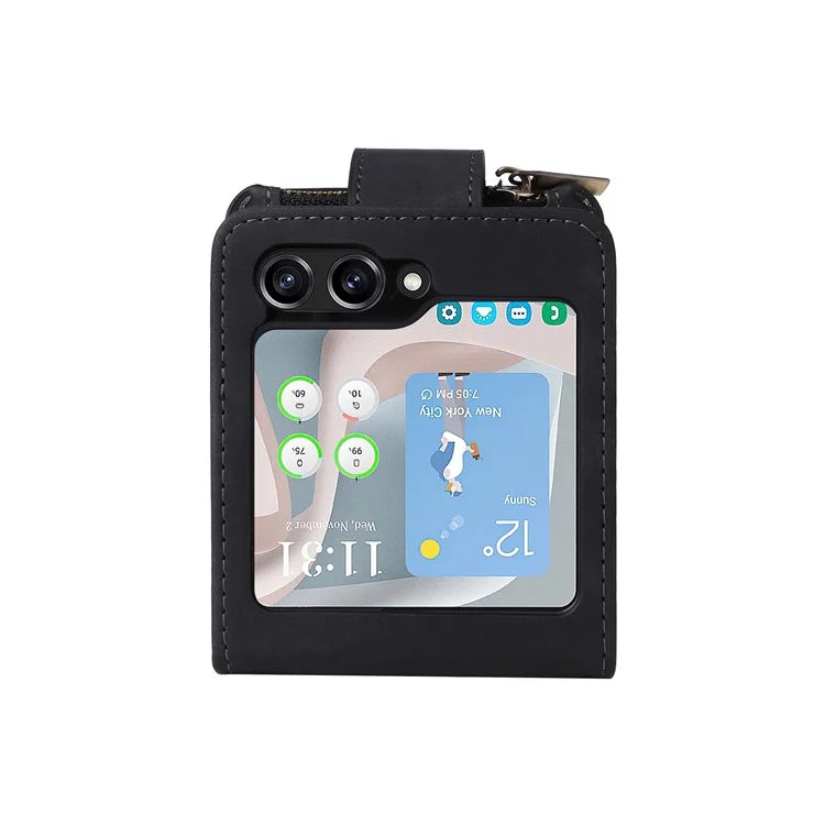 For Samsung Galaxy Z Flip5 5G Cell Phone Case Zipper Wallet Leather Cover with Long and Short Straps