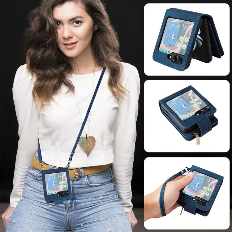 For Samsung Galaxy Z Flip5 5G Cell Phone Case Zipper Wallet Leather Cover with Long and Short Straps