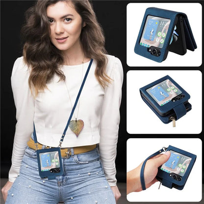 For Samsung Galaxy Z Flip5 5G Cell Phone Case Zipper Wallet Leather Cover with Long and Short Straps