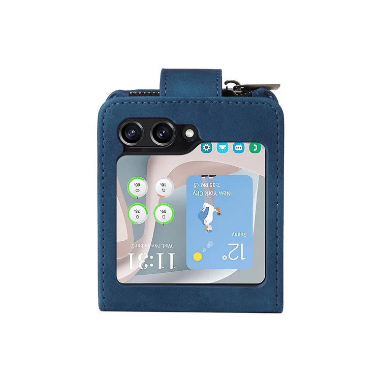For Samsung Galaxy Z Flip5 5G Cell Phone Case Zipper Wallet Leather Cover with Long and Short Straps