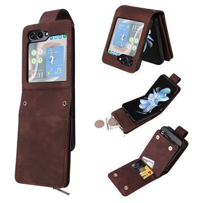 For Samsung Galaxy Z Flip5 5G Cell Phone Case Zipper Wallet Leather Cover with Long and Short Straps