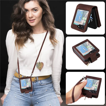 For Samsung Galaxy Z Flip5 5G Cell Phone Case Zipper Wallet Leather Cover with Long and Short Straps