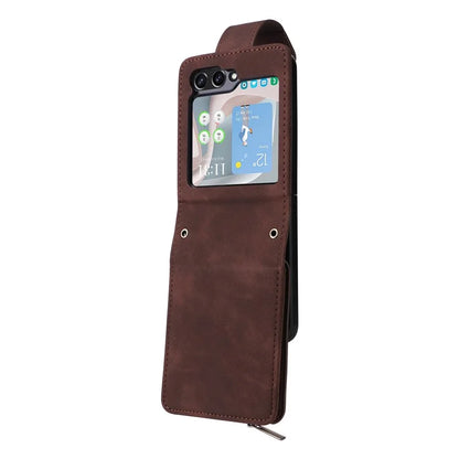 For Samsung Galaxy Z Flip5 5G Cell Phone Case Zipper Wallet Leather Cover with Long and Short Straps