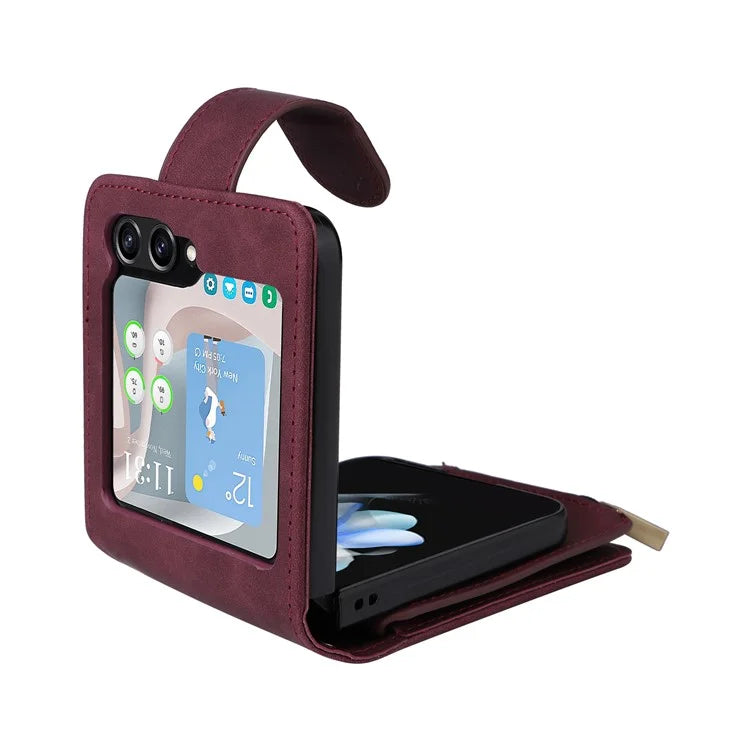 For Samsung Galaxy Z Flip5 5G Cell Phone Case Zipper Wallet Leather Cover with Long and Short Straps