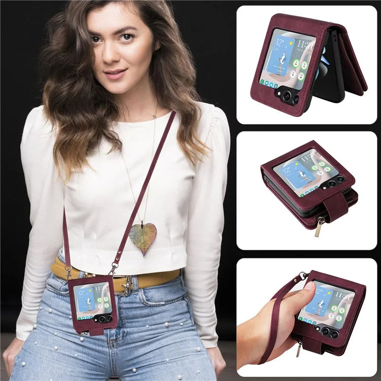 For Samsung Galaxy Z Flip5 5G Cell Phone Case Zipper Wallet Leather Cover with Long and Short Straps