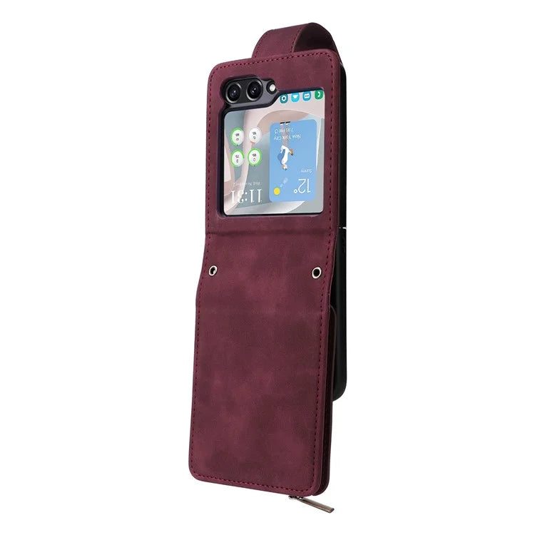 For Samsung Galaxy Z Flip5 5G Cell Phone Case Zipper Wallet Leather Cover with Long and Short Straps